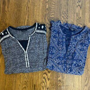 (2) Lucky Brand tunic tops blouse navy and black size 2X V neck